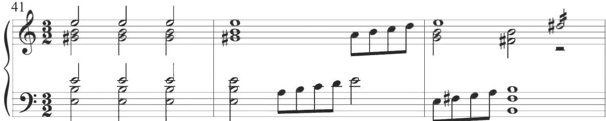 Byrd, Qui passé for my Lady Nevell, mm. 41-43；Repeated arching figures take over in measures 45 through 50, while the remaining measures of the section convey a constant pattern of typical eighth-note figuration. An intervening stylistic segment in measures 56 to 60 slows rhythmically with contrapuntal stepwise figures.