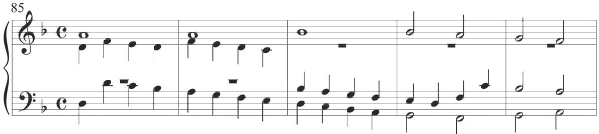 Cabezón, Diferencias sobre ‘¿Quien te me enojó, Ysabel?’, mm. 85-89；The following two variations of the set continue with various alternating motives as observed before. The sixth variation, in measures 81 to 96, begins with similar motivic patterns, but changes at measure 88 to encompass the interlocking triplet figuration frequently observed within Byrd&rsquo;s preceding compositions and also corresponding to a passage in the Diferencias sobre las Vacas (2). Byrd&rsquo;s figuration is seen below, followed by the corresponding pattern of Cabezón.