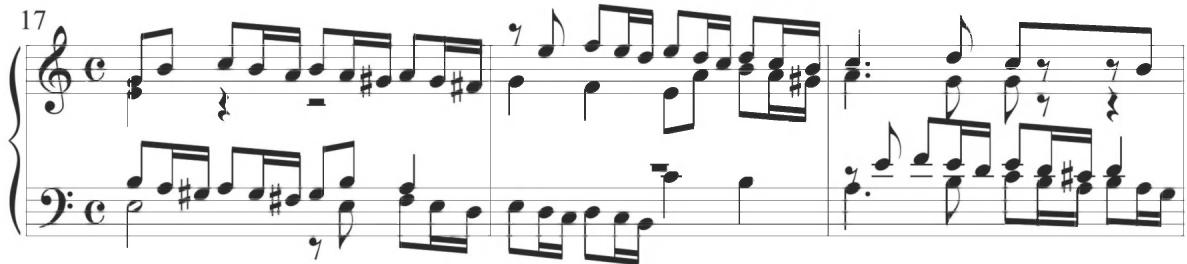 Cabanilles, Pasacalles IV, mm. 17-19；The following ninth variation of the composition, encompassing measures 128 to 144, maintains a comparable style of ornamental figuration against a primary accompanimental pattern in parallel sixths. Various repeated motives are incorporated in the passage at measures 134 to 139, with a sixteenth-note line returning in the final measures of the variation. The final