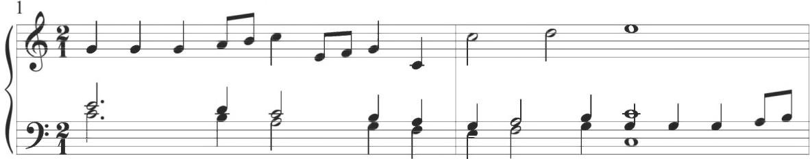 Sweelinck, Est-ce Mars, var. 1, mm. 1-2；Comparable patterns of parallel motion, dotted figuration, and alternating rhythms have been described in numerous other compositions emanating from the Spanish variation tradition. A particular passage incorporating each of these fundamental characteristics is included within the second variation of the earlier Diferencias sobre la Gallarda Milanesa of Cabezón, as shown below.