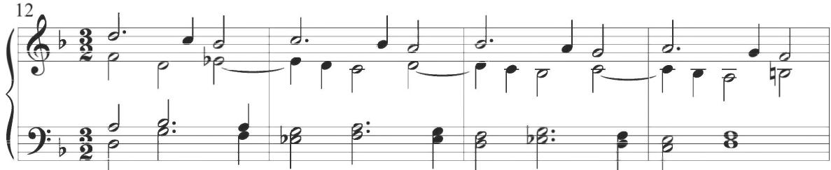 Cabezón, Diferencias sobre la Gallarda Milanesa, mm. 12-15；The basic melodic pattern with initial repeated tones is repeated in various polyphonic voices throughout the structural section. Numerous contrapuntal passages are consistently maintained