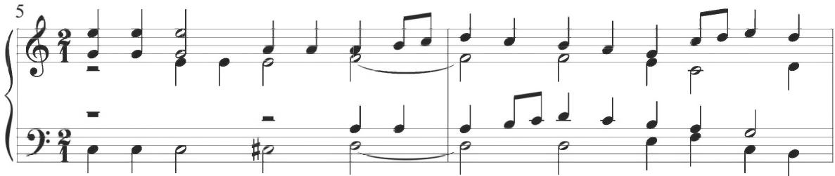 Sweelinck, Est-ce Mars, var. 1, mm. 5-6；This pattern of repeated chordal figuration at the beginning of measure 5 is comparable to the initial thematic material of the earlier Spanish Pavana con su glosa, as demonstrated below.