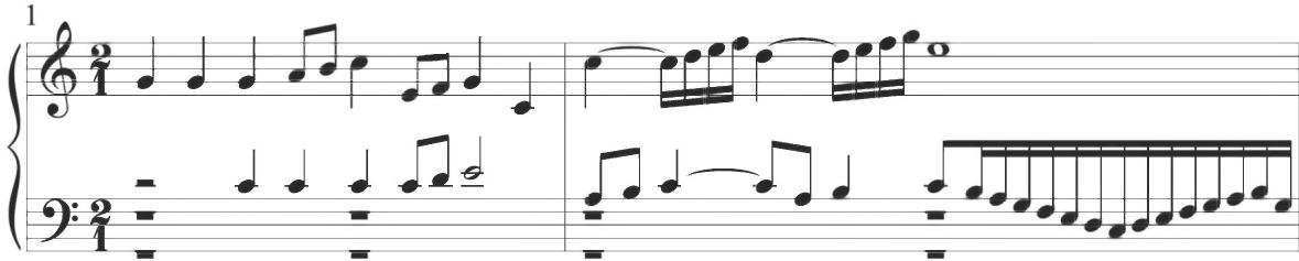 The remainder of the structural section conveys similar compositional patterns. A further figural line occurs at the end of measure 4, while contrapuntal activity in parallel and complementary activity, stylistically corresponding to Spanish practices, is also consistently maintained in the following measures with a series of stepwise descending parallel thirds in the lower voices at measure 7.