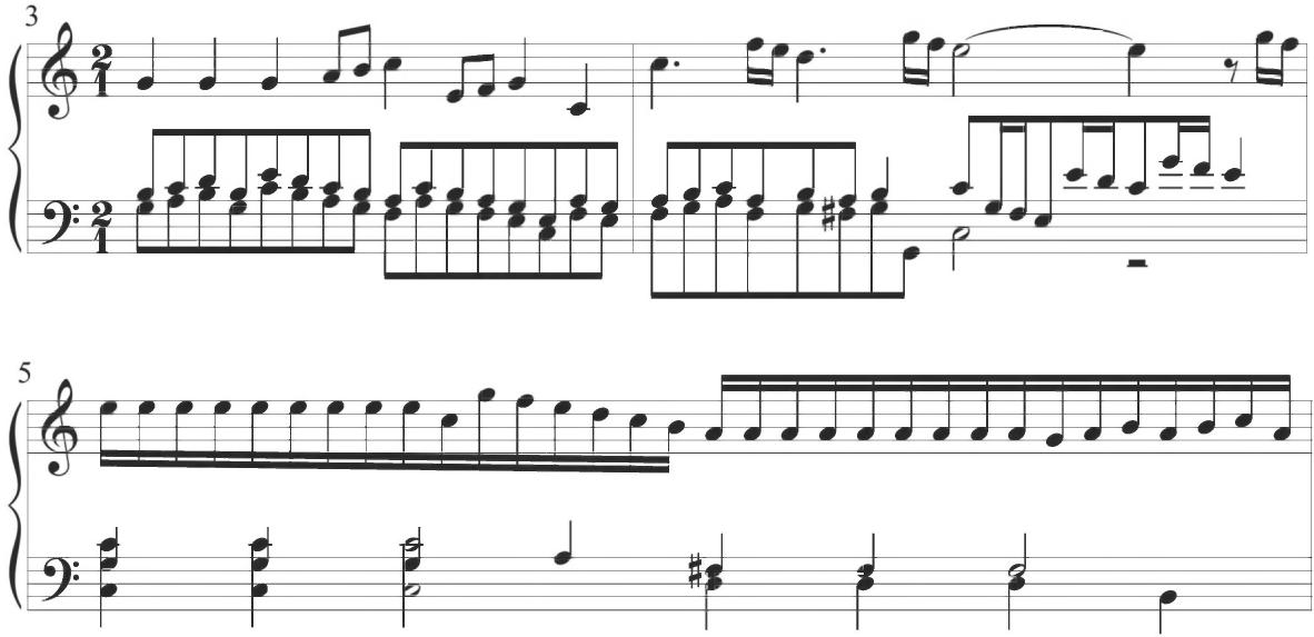 Sweelinck, Est-ce Mars, var. 3, mm. 3-5；Similar forms of parallel motion are exhibited within the Spanish keyboard tradition, but a particularly comparable passage is presented in the later Gallardas II of Cabanilles, as also demonstrated below.