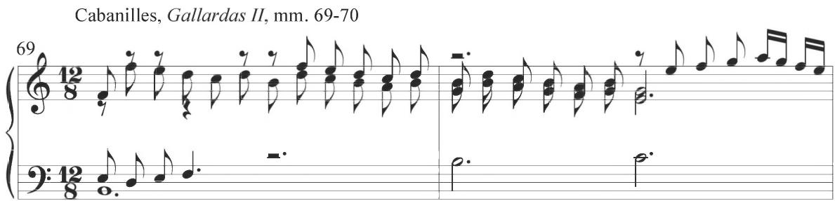 The fourth measure of Sweelinck&rsquo;s variation includes a pattern of repeated three-note scalar descents in an ascending line. A similar style of figuration also appears in the later compositions of Cabanilles, as observed in the Pasacalles III below.