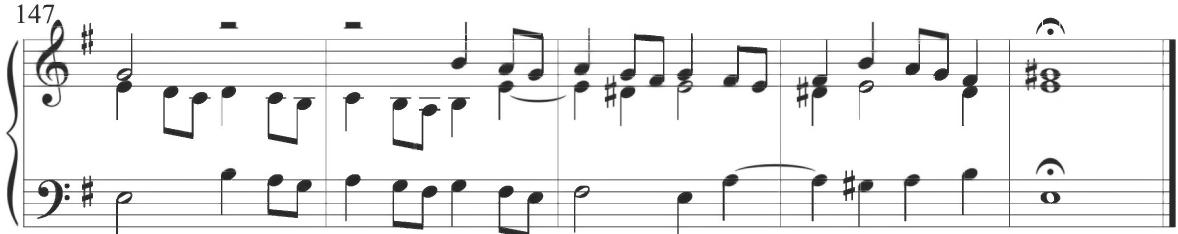 The following measures of the variation maintain ornamental passagework in sixteenth notes. The fifth measure presents a pattern of numerous repeated notes, separated by further turning figuration, as also exhibited in the example above. Additional parallel motion enters at the conclusion of measure 8, with an extended line in stepwise parallel sixths between the upper voices in the final measure of the variation, as displayed below.