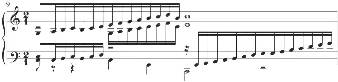 Sweelinck, Est-ce Mars, var. 3, m. 9；As described throughout preceding chapters, this style of parallel activity with intervallic sixths is found within numerous comparable compositions, including the previous works of Cabezón. A particular example appears at measure 42 of the Diferencias sobre la Gallarda Milanesa, as demonstrated below.