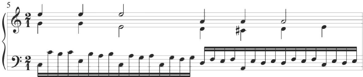 Sweelinck, Est-ce Mars, var. 4, m. 5；This same accompanimental passagework is found within the nineteenth to twenty-second variations of the Xácara of Cabanilles, as demonstrated below. The upper chordal lines of this example provide further correspondence to Sweelinck&rsquo;s preceding passage.