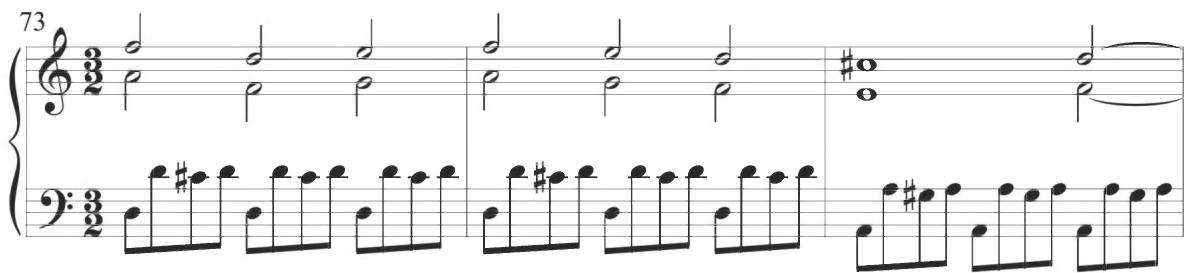 Cabanilles, Xácara, mm. 73-75；The second half of the seventh measure of Sweelinck&rsquo;s section initiates a pattern of broken descending intervals in the upper voice, as exhibited below. Analogous passagework appears in the final two variations of the Xácara, as well as in the seventeenth diferencia of Cabanilles&rsquo;s