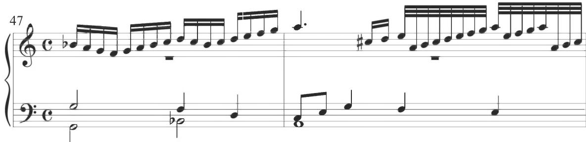 Cabanilles, Pasacalles II, mm. 47-48；The conclusion of Sweelinck&rsquo;s ornamental line, in addition to the fifth measure of the variation, presents a descending arpeggiated figure, corresponding to a pattern in measure 64 of Cabezón&rsquo;s Diferencias sobre el &lsquo;Canto del Cavallero&rsquo; viewed below.