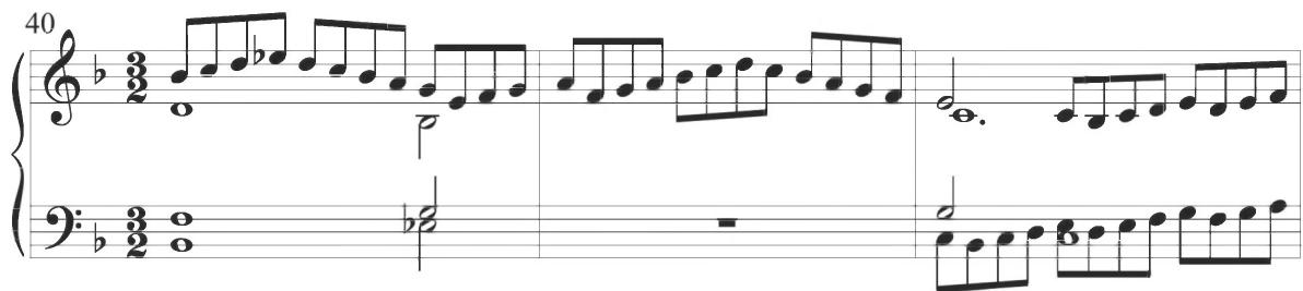 The fourth structural section of Sweelinck&rsquo;s composition begins with similar ornamental figuration in consistent scalar sixteenth notes, but shifts within the third measure of the variation to encompass a variety of intervallic patterns closely related to the later Spanish styles of Correa and Cabanilles. The third measure of the section presents constant intervallic descending thirds, while the following fourth measure provides a similar pattern with increasingly larger intervals, as shown below.
