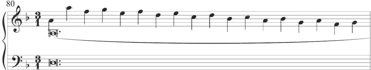 Correa, Cancion glosado, m. 80；The following two measures of Sweelinck&rsquo;s variation display a continuous “Alberti bass” form of broken accompanimental figuration, as exhibited below.
