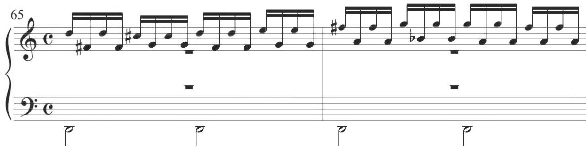 Cabanilles, Pasacalles II, mm. 65-66；The final measure of the section provides preliminary motion with ascending parallel sixths between the upper lines, followed by contrapuntal activity encompassing a repeated sixteenth-note scalar motive.