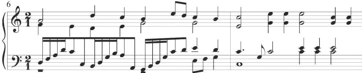 Similar figuration in repeated intervallic skips and alternating eighth and sixteenth notes can once again be found at the conclusion of Cabezón&rsquo;s Otra diferencias de Vacas, as additionally exhibited below.