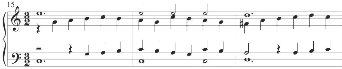 Sweelinck, Ich fuhr mich über Rheine, mm. 15-17；Similar contrapuntal figuration is displayed throughout Cabezón&rsquo;s sets of variations, as in the Diferencias sobre las Vacas (2) below.
