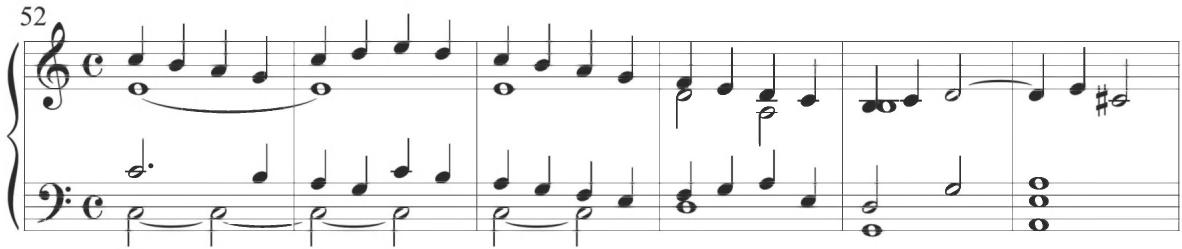 Cabezón, Diferencias sobre las Vacas (2), mm. 52-57；Sweelinck&rsquo;s initial variation, as well as succeeding structural sections, begins with a preliminary pick-up, as displayed below, in a distinct chordal pattern analogous to the start of Cabezón&rsquo;s Diferencias sobre el canto de &lsquo;La Dama le demanda&rsquo;, the Diferencias sobre la Gallarda Milanesa, as well as the Diferencias sobre la Pavana Italiana, as exhibited below.