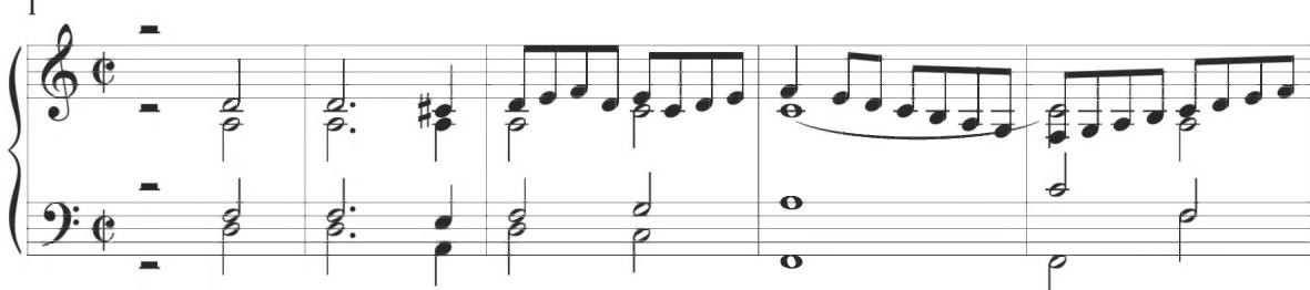 Cabezón, Diferencias sobre la Pavana Italiana, mm. 1-5；The second variation of Sweelinck&rsquo;s work, including measures 30 to 57, continues with similar forms of contrapuntal figuration. A series of parallel sixths appears between the upper voices at measure 34 and again within measures 43 and 55 to 56. A pattern of broken figuration between the upper and lower lines is presented in measures 37 through 41, as seen below.