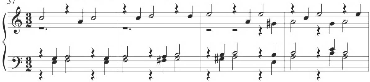 Sweelinck, Ich fuhr mich über Rheine, mm. 37-40；Comparable passages incorporating similar forms of broken figuration are presented in measures 218 to 220 in the Diferencias sobre el Villancico ‘¿Quién te me enojó, Ysabel?’ of Cabezón, as well as throughout the fourth variation of the Diferencias sobre las Vacas (2), as also displayed below.