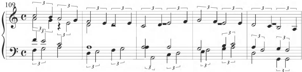 Cabezón, Diferencias sobre las Vacas (2), mm. 109-113；The third variation of the work, encompassing measures 58 to 60, begins with a series of intervallic drops in a descending line within the lower voice in constant quarter notes, followed by a similar, ultimately ascending pattern in eighth notes in measures 61 to 63, as shown below.