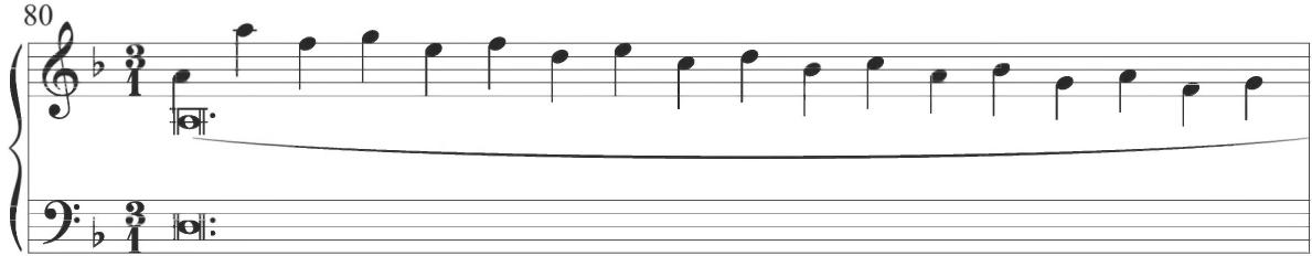Correa, Cancion glosada, m. 80；A single chromatic turning figure also frequently provided in Cabezón&rsquo;s preceding compositions enters at the conclusion of measure 80 in Sweelinck&rsquo;s variation, as shown below.