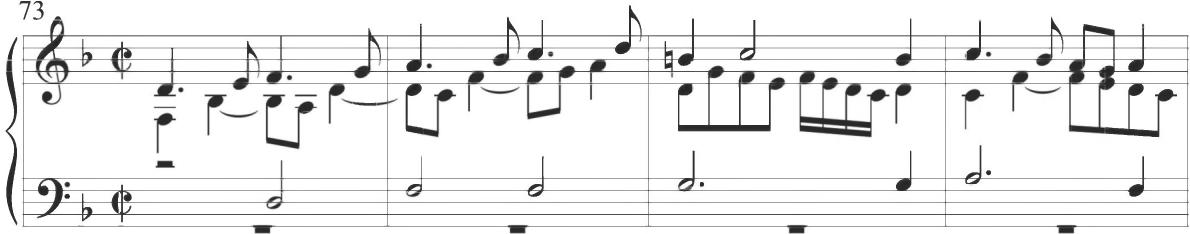 Cabezón, Diferencias sobre el &lsquo;Canto del Cavallero&rsquo;, mm. 73-76；The following measure of Sweelinck&rsquo;s composition contains a stepwise series of alternating eighth and sixteenth notes. The final three measures of the variation provide contrapuntal and parallel motion with continuous triplet patterns. Following additional figural passagework with rhythmically faster sixteenth notes at the beginning of the fifth variation, another pattern of broken figuration between the two upper voices appears at measure 48, as displayed below.