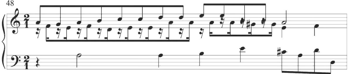Sweelinck, Mein junges Leben hat ein End, m. 48；Similar compositional patterns are exhibited within the sixth variations of Gallardas II and Gallardas IV of Cabanilles, as shown below.
