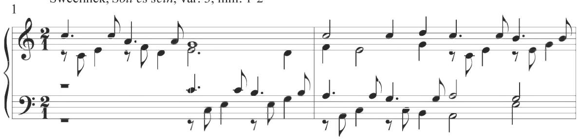 Sweelinck, Soll es sein, var. 3, mm. 1-2；The entire seventh variation of the composition provides broken patterns closely related to the subsequent works of Cabanilles demonstrated in more detail above, as displayed below.