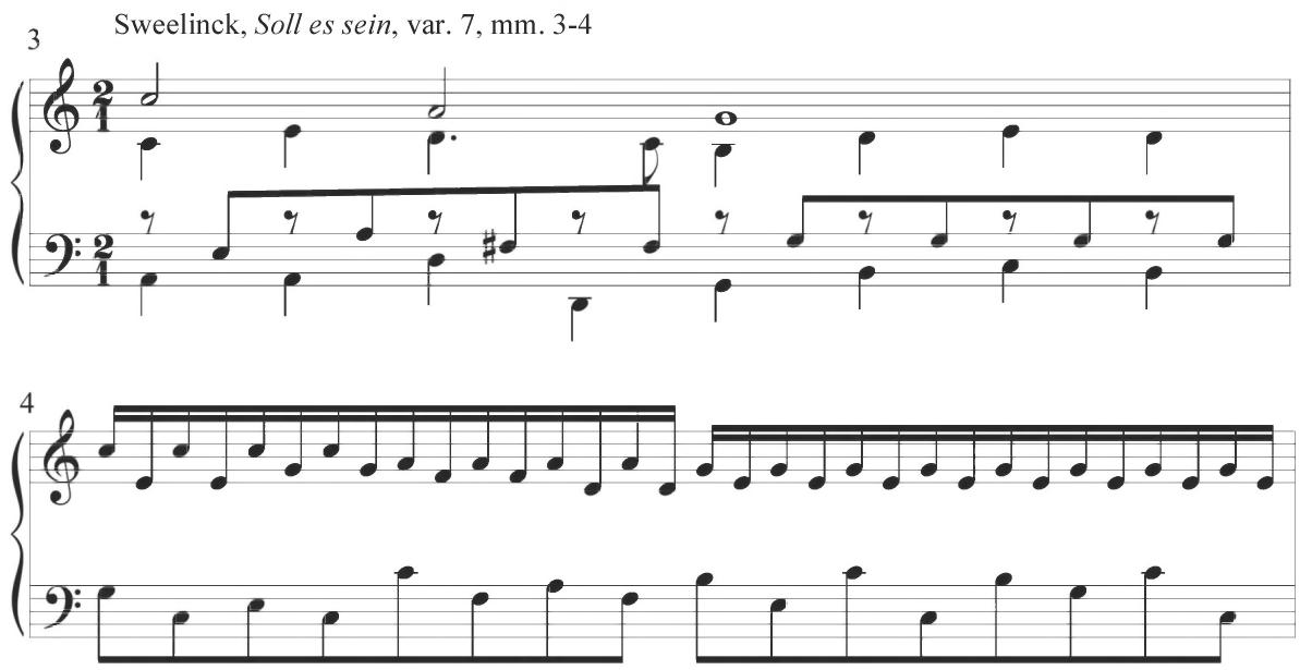 The rest of the composition retains primary compositional patterns in various combinations of contrapuntal figuration, with relatively thick polyphonic consistencies and additional ornamental passagework within a single or parallel line. These musical methods show close correspondence