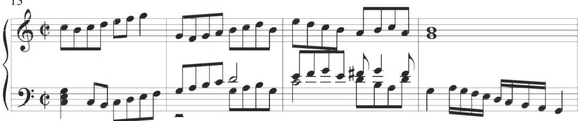 Sweelinck, Unter der Linden grüne, var. 1, mm. 13-16；An example of a similar figural passage is included in measures 16 to 19 of Cabezón&rsquo;s preceding Diferencias sobre el ‘Canto del Cavallero’, also exhibited below.