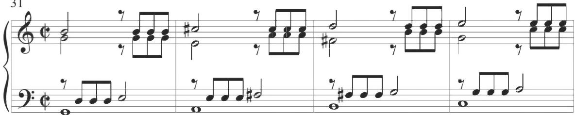 The second variation of the composition begins with the lower polyphonic voice in direct imitation of the upper theme at the interval of a fifth below. The contrasting contrapuntal lines reach conjunction in measure 7, with parallel motion and subsequent rhythmic alternation. A distinctive parallel descending dotted pattern emerges at measure 11, as seen below, followed by further motivic alternation and ultimate contrasting and parallel eighth-note activity in measures 14 and 15.