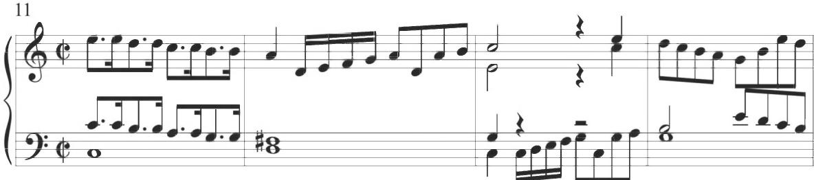 Sweelinck, Unter der Linden grüne, var. 2, mm. 11-14；Triplet figuration in the upper line is presented beginning at measure 17, as displayed below, eventually followed by a similar rhythmic pattern with motivic alternation and parallel motion. Similar contrapuntal figures and subsequent ornamental lines comprise the remainder of the variation.