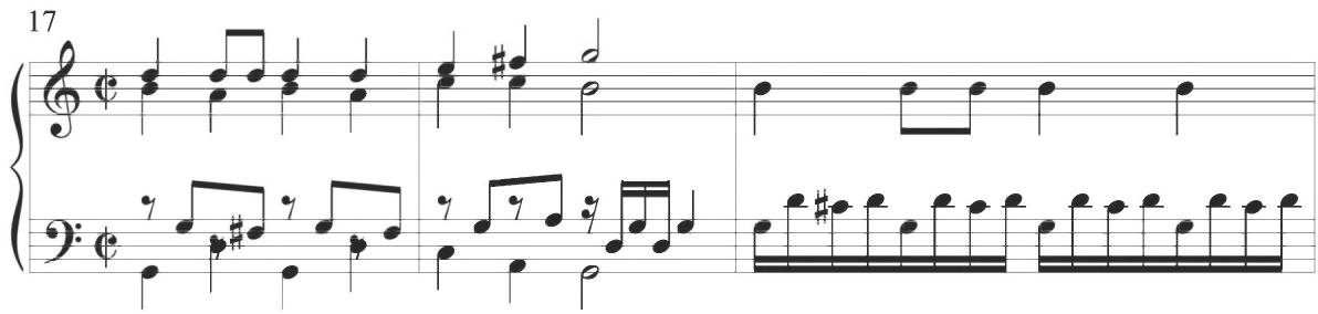 Sweelinck, Unter der Linden grüne, var. 4, mm. 17-19；As more specifically described in the works above, similar compositional methods are observed throughout the Iberian tradition, particularly within the subsequent variations of Cabanilles. The following measures provide a distinctive line of eighth-note arching arpeggios with precise contrasting motion between the upper and lower lines, as exhibited below.