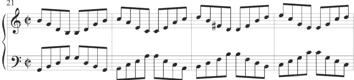 A similar arpeggiated descent is found within measure 64 of Cabezón&rsquo;s Diferenicas sobre el &lsquo;Canto del Cavallero&rsquo; exhibited below.