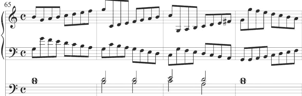 Macque, Partite sopra Ruggiero, mm. 65-68；Following parallel activity in consistent sixteenth notes, the final measures of the composition present a passage of broken intervals in the upper line, as also noted throughout various previous compositions.