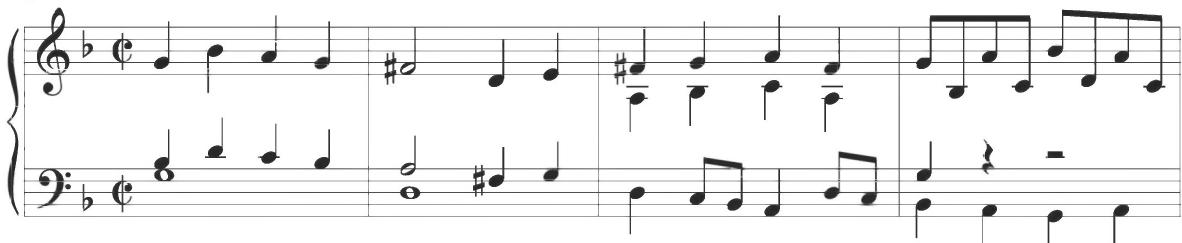 Sweelinck, Pavana Hispanica, var. 1, mm. 1-4；Similar parallel patterns are incorporated within the previous works of Cabezón, as in the Diferencias sobre las Vacas (2) displayed below.