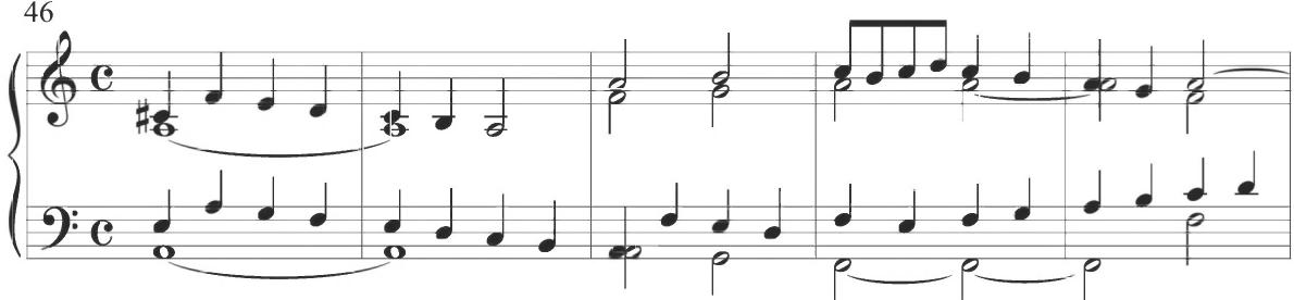 Cabezón, Diferencias sobre las Vacas (2), mm. 46-50；Measures 4 and 5 of Sweelinck&rsquo;s initial variation provide eighth-note broken intervallic figures in the soprano voice, as also presented in the example above, while measures 7 and 9 display a rhythmically offset pattern between the contrapuntal lines. A series of descending intervallic thirds appears in the lower voice within measures 10 and 11, as exhibited below. This particular descending pattern is frequently observed in the later Spanish works of Correa and Cabanilles, as more specifically demonstrated throughout comparable preceding compositions.