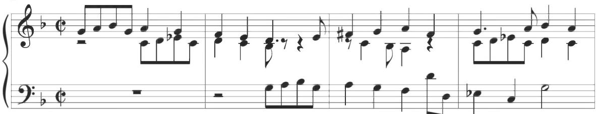 Sweelinck, Pavana Hispanica, var. 4, mm. 1-4；Parallel and alternating figural motion makes up the remainder of the section, incorporating an extended descending line in alternating rhythmic values, as provided below. A final chromatic turn figure closely related to the style of Cabezón leads into the concluding cadential chord.