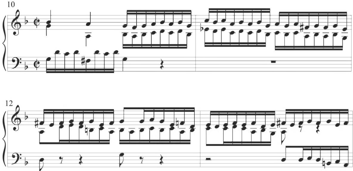 Sweelinck, Pavana Hispanica, var. 6, mm. 10-13；The seventh and final variation of the composition, also written by Sweelinck, shows sudden ternary mensuration and corresponding triplet rhythms. The initial compositional method provides a contrapuntal texture, followed by further figural activity in a single eighth-note line, and ultimately concluding in the same style as the preliminary measures.