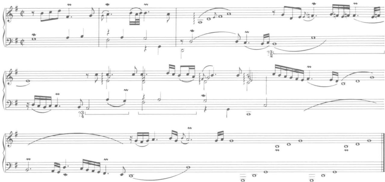 that the implied &rsquo;third&rsquo; beats (on which there are no changes of harmony) are written-out ritardandos in duple metre: the long embellishment round $f&rsquo;$ , the anticipatory $c&rsquo;&rsquo;$ before the chord on A minor (there is no crotchet rest in the &rsquo;tenor&rsquo;—complex arpeggios such as this are frequent in the unmeasured repertory), and the rapid descending notes from $c&rsquo;&rsquo;$ could all be interpreted in this way. Note that the bass notes in the last two instances, $A$ and $f$ sharp, are not dotted to match the soprano rhythms. $^{14}$；that their metric point of departure is duple, though realization in this metre is open to occasional increase or reduction of the number of beats and is characterized by exaggeration through duration of strong and weak beats, so that the underlying pulse is often more implicit than explicit.