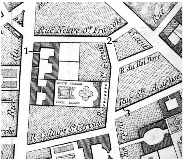 Localisation du domicile d’André Bauyn de Bersan (1),；de François Couperin (2) et de François Couperin, oncle du précédent (3)