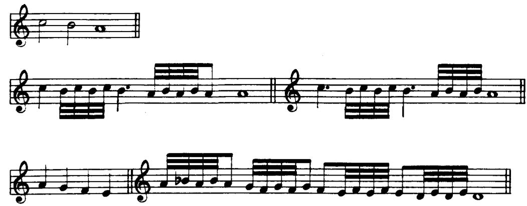 Ex.1.22；Diruta favours the use of the tremoletto with the alternating upper note; he gives no example employing the lower note. Similarly, Praetorius illustrates only upper-note tremoletti, using them in both ascending and descending contexts, and in anapestic (♩♩) and dactylic (♩♩) rhythms: $^{72}$