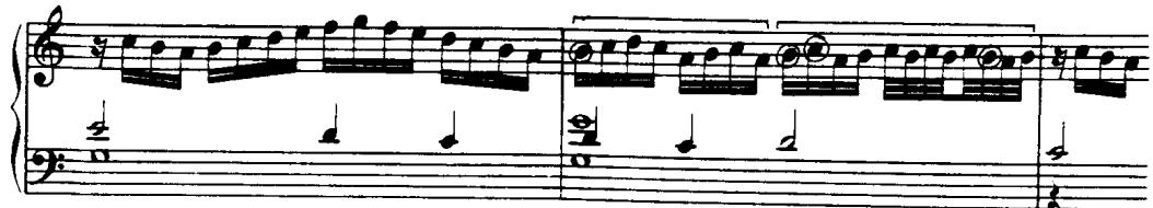 Byrd, Pavana (FVB II 395:4:3)；( £ )；In Ex.4.39, (a) and (b) are particularly illustrative as (b) is the varied repeat of (a). In Ex.4.39 (c) the anticipation in-lieu-of the suspension is decorated with a double-stroke ornament, and in (d) with the plain lower auxiliary. In (e) and (f) all of the basic note values of the third pattern are subject to diminution.