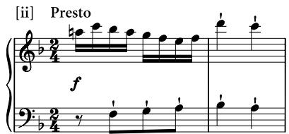Example 2 Sonata H269, first movement, bars 37–47; second movement, bars 1–2 (Clavier-Sonaten . . . für Kenner und Liebhaber, volume 2 (Leipzig, 1780), Sonata II).