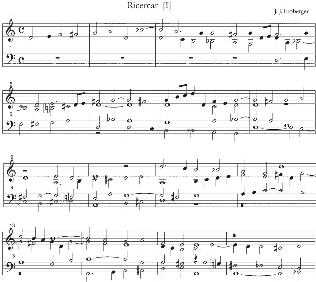Figures 1 and 2. Roberday’s Fugue no. 5 and Froberger’s ricercare. The entrances of the fugue subjects (recto and verso) are exactly the same.