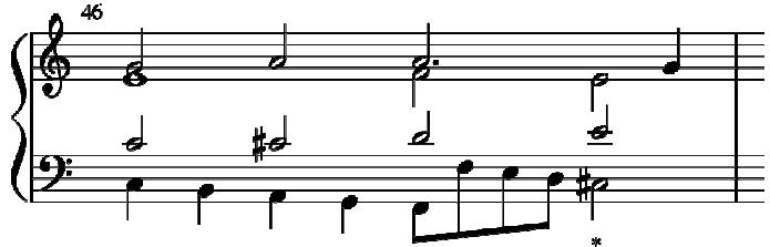 Example 13. Froberger, FbWV 407, bar 46；In &lsquo;Libro $\mathbf { I V } ^ { \prime }$ (1656) and &lsquo;Libro di capricci, e ricercate&rsquo; (c. 1658), he also stays within the $\mathrm { C } { \cdot } \mathrm { a } ^ { 2 }$ compass, except for the suites, where three out of six suites go beyond $\mathtt { a } ^ { 2 }$ but not beyond $\mathrm { c } ^ { 3 } .$ In the Lamento FbWV 612, it is crucial that the keyboard extends to $\mathrm { c } ^ { 3 } .$ as there is a C major scale that extends up to $\mathrm { c } ^ { 3 }$ right at the end of the work to symbolise the soul of the deceased Ferdinand IV ascending to heaven (Example 14). There is even a picture of what must be a depiction of heaven after the scale in the autograph score of &lsquo;Libro IV &rsquo; (Figure 7).