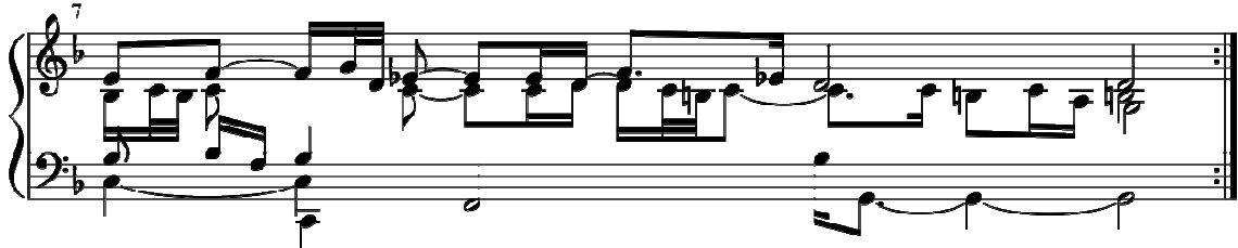 In the second half of this work, Froberger uses more diminished fourths, this time between B-natural and  E♭ in two different registers. Two of them are harmonic, and the other two are melodic intervals. These intervals again help to convey melancholy and could be emphasised by lingering, placing or playing them deliberately. Example 20. Froberger, FbWV 632a, End of bar 14