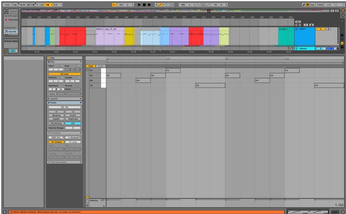 Abbildung 2: MIDI-Editor in Ableton Live, Projektdatei des Komponisten (Minute 09:28 bis 09:31)