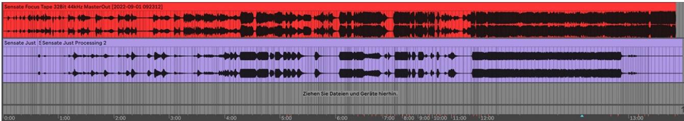 Abbildung 7: Amplituden-Hüllkurven der Effekt-Spur für die Violine (unten) sowie der Tape-Spur (oben)